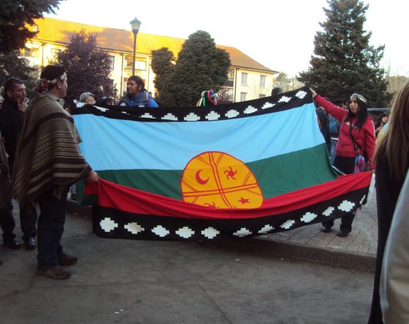 Huelga de hambre líquida. comuneros mapuches con bandera mapuche.