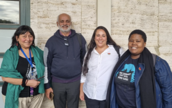 Sibongokuhle Gumede, coordinadora de proyectos de Masifundise Sudáfrica; Marcela Ramos, integrante de la Asamblea de Mujeres Insulares por las Aguas de Chiloé, miembro de NAFSO y secretaria general del Foro Mundial de Pueblos Pescadores (WFFP); Herman Kumara, secretario general del WFFP, representante del Comité Internacional de Nyéléni y dirigente del National Fisheries Solidarity Movement de Sri Lanka; y Carmen Mannarino, directora de Masifundise Sudáfrica. Los cuatro participaron en Naciones Unidas, en Ginebra, en el marco de la campaña internacional por un tratado vinculante sobre empresas transnacionales y derechos humanos.